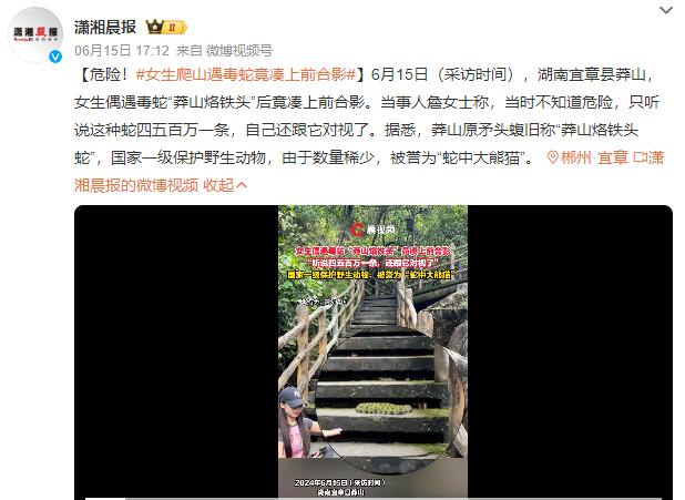 女生爬山遇毒蛇 竟凑上前合影 还跟它对视了